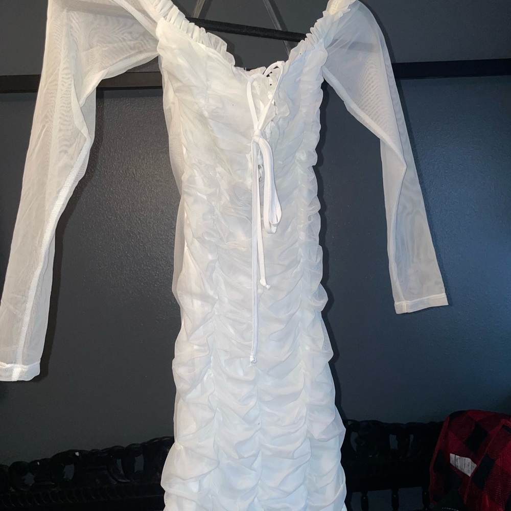 Fashion Nova White Bardot Off Shoulder (Maura mesh Dress) Lace Dress